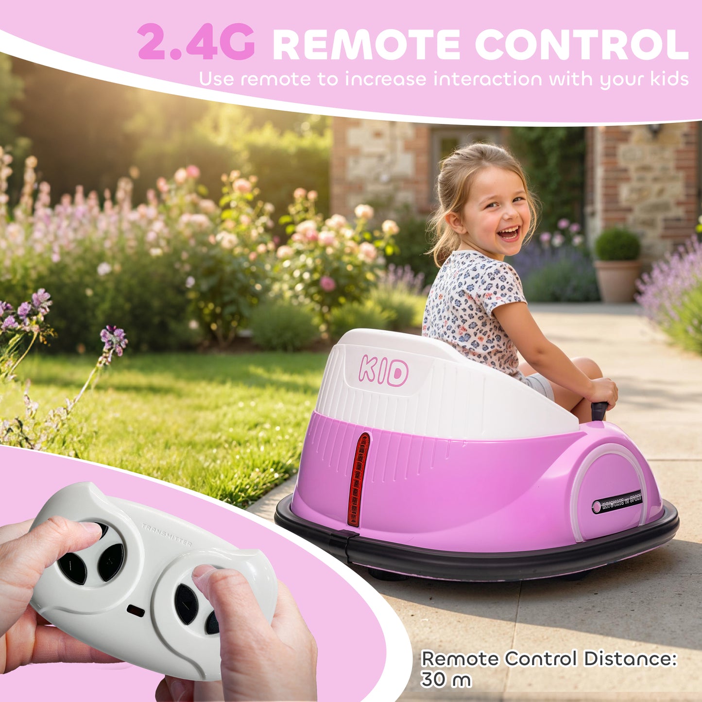 360° Rotation Kids Bumper Car, 12V Waltz Car with Remote Control, Dual Joystick, Music, Lights, Pink