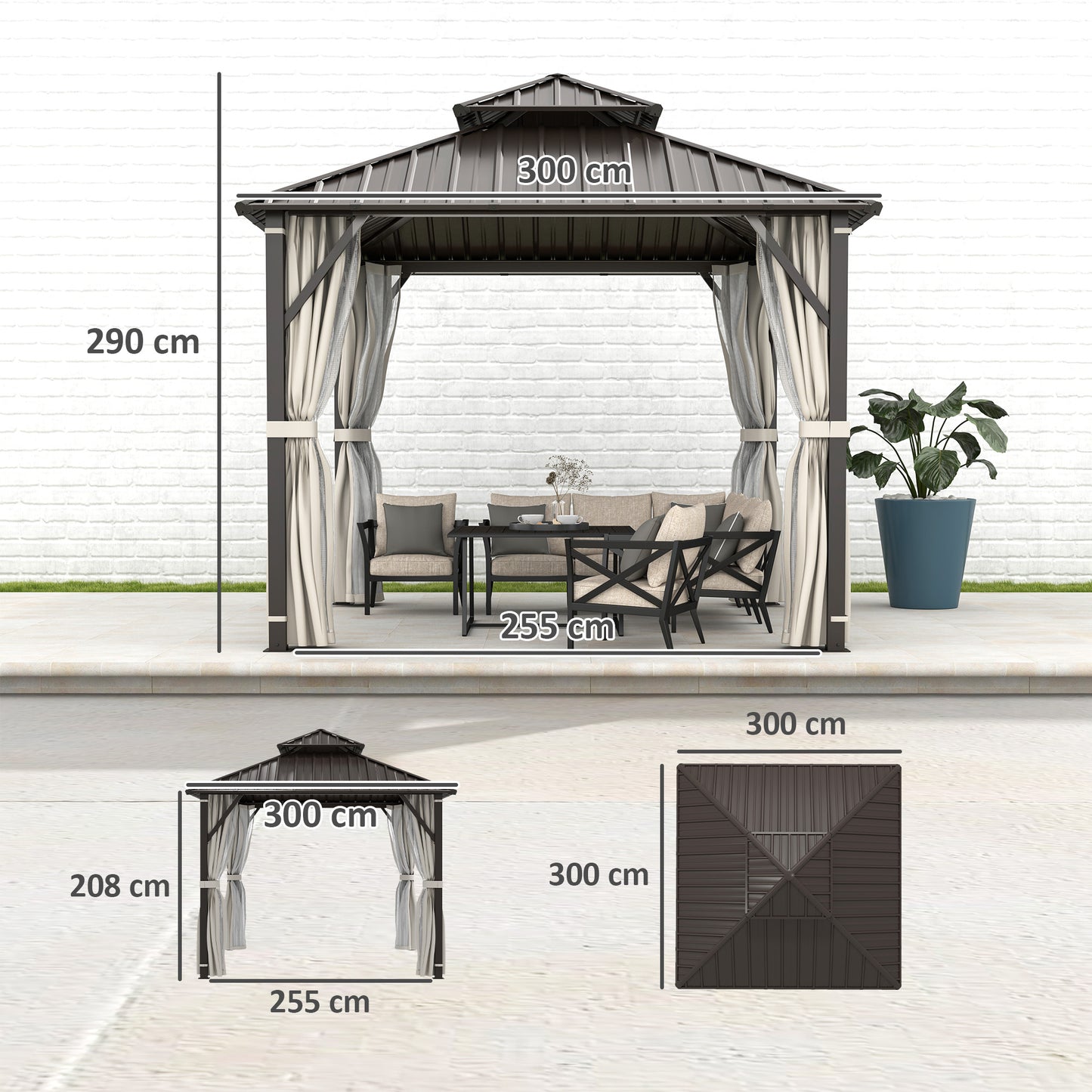 3 x 3(m) Hardtop Gazebo Canopy with Double Metal Roof, Waterproof Permanent Pavilion Garden Gazebo with Netting and Curtains