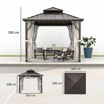 3 x 3(m) Hardtop Gazebo Canopy with Double Metal Roof, Waterproof Permanent Pavilion Garden Gazebo with Netting and Curtains