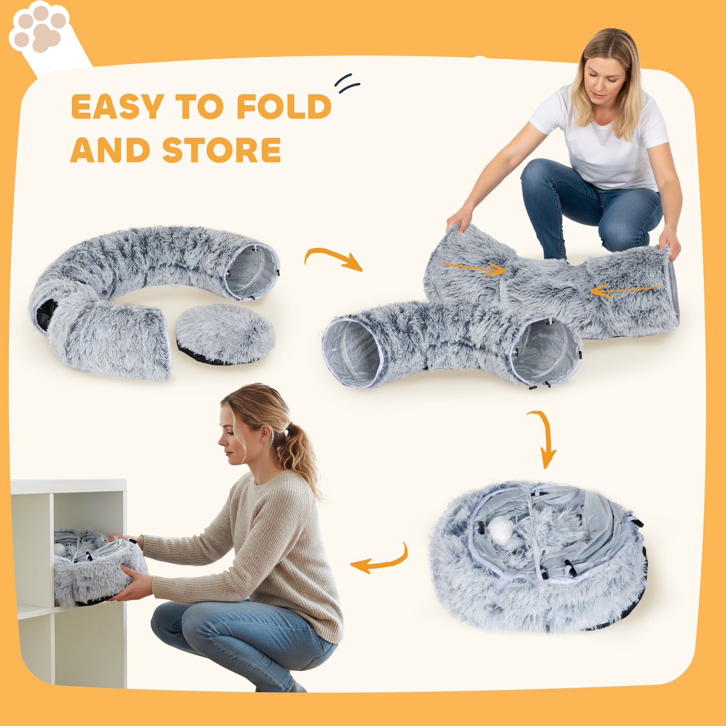 2-in-1 Donut Cat Tunnel with Washable Bed, Play Tunnel Bed with Toy Ball and Door Hole for Indoor Cats, Light Grey