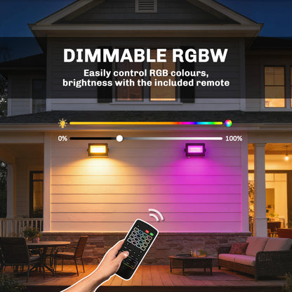 32W LED Floodlights, Linkable 4-Pack Landscape Lighting with Remote Control, RGB Colour Changing, UK Plug, Black