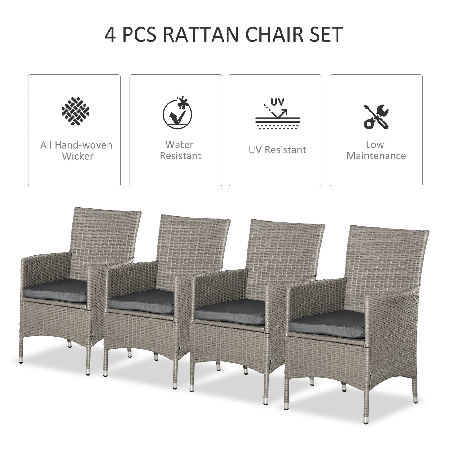 Set of Four Rattan Armchairs, with Cushions - Grey