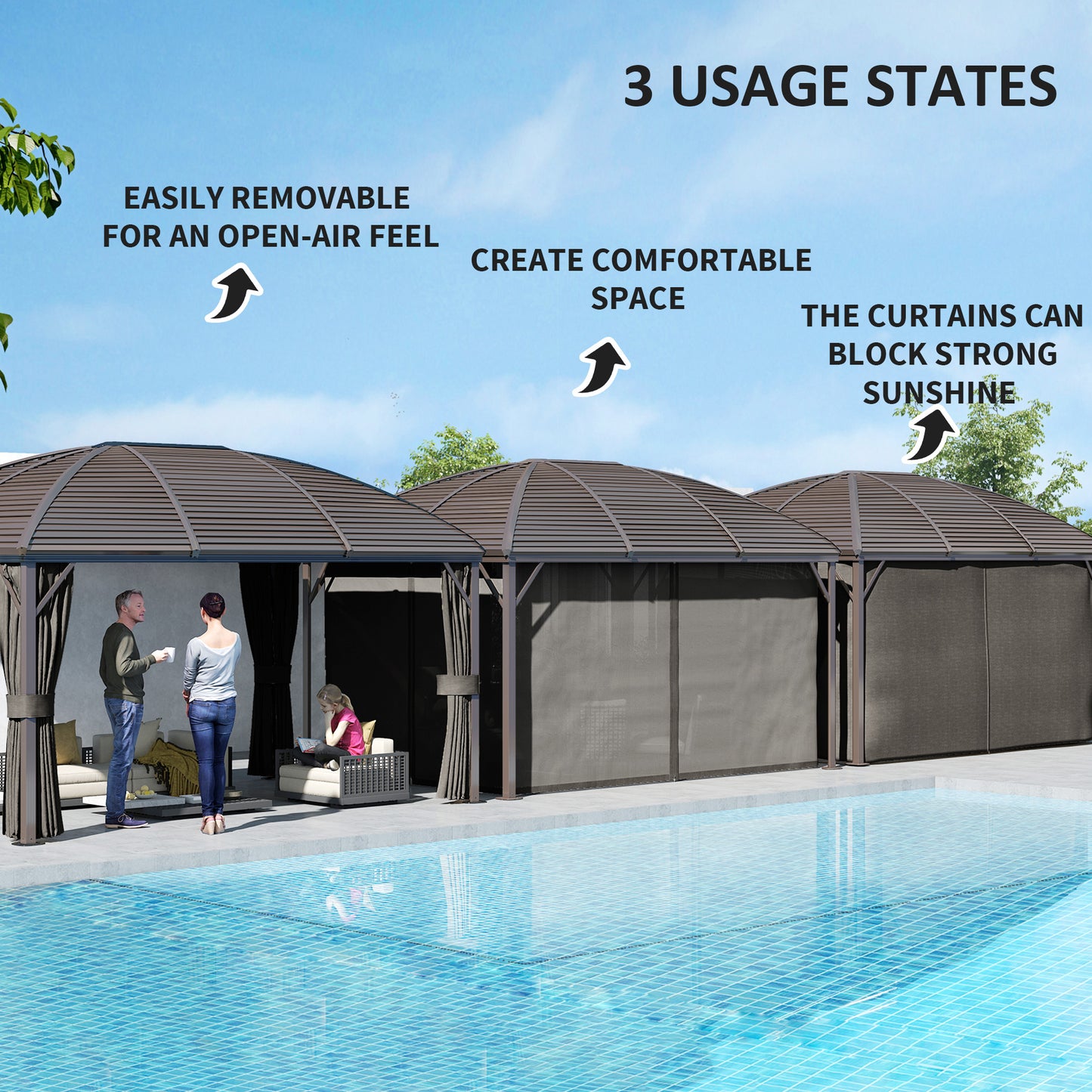 3 x 4m Hardtop Gazebo Canopy with Metal Roof, Aluminium Gazebo Permanent Pavilion with Netting and Curtains, Dark Grey