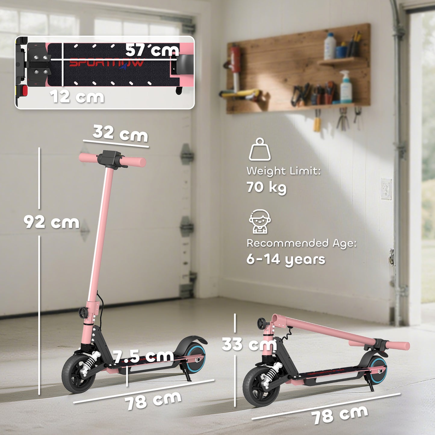 Folding Electric Scooter for Kids, with Dual Brakes, Front Suspension, LED Colourful Lights, Pink