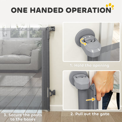 Retractable Dog Gate, Extends to 140 cm Wide & 93 cm Tall, Mesh Pet Gate with Single Hand Operation, for Stairs Doorways