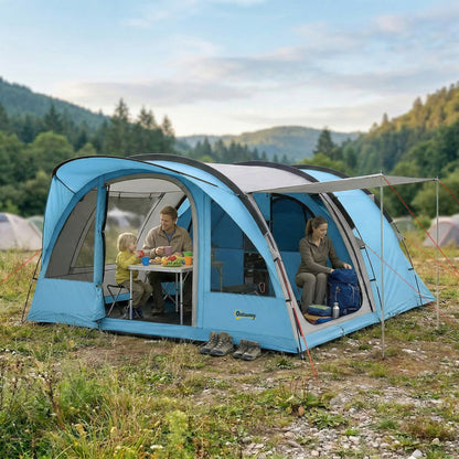 4 Person Easy Setup Family Camping Tent with 2 Rooms, Waterproof Tunnel Tent w/ Sewn In Groundsheet, Sky Blue & Grey