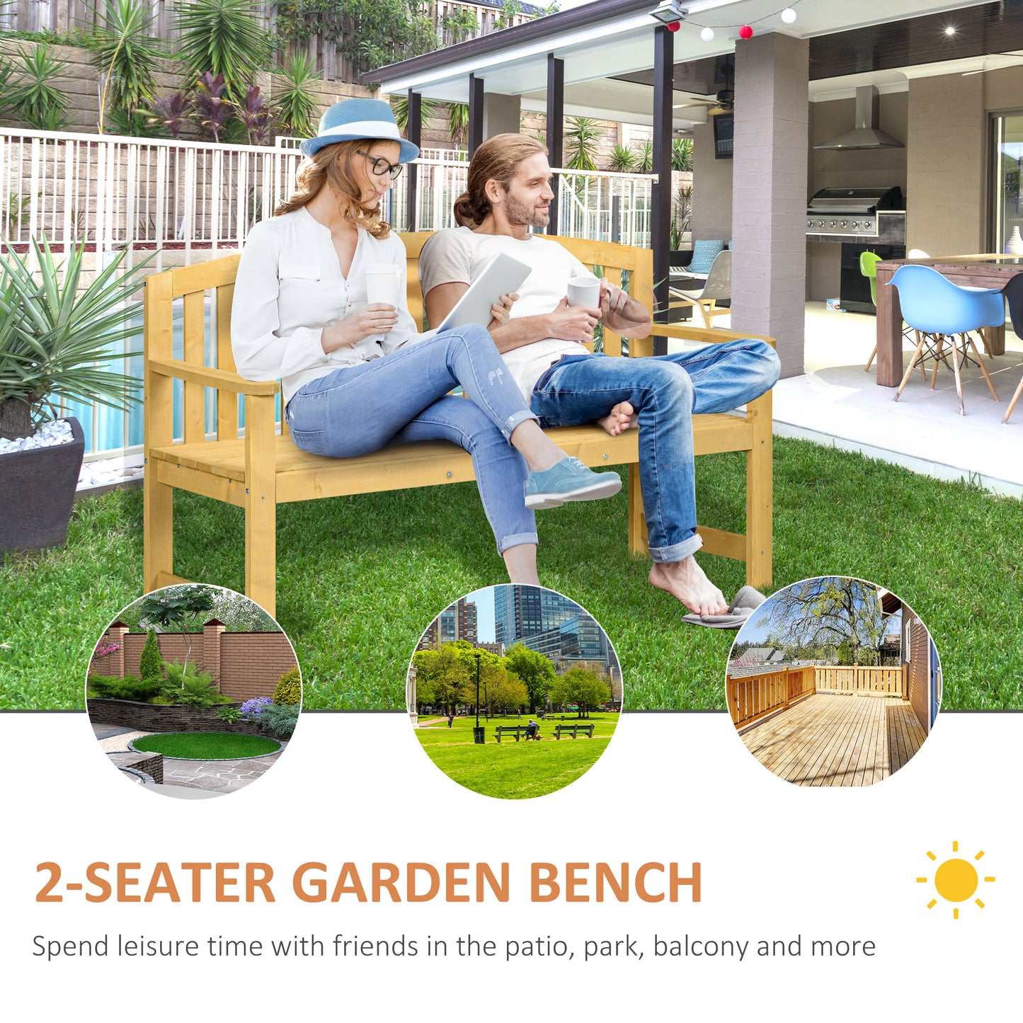 2 Seater Wooden Garden Bench with Armrest, Outdoor Furniture Chair for Park, Balcony, Orange