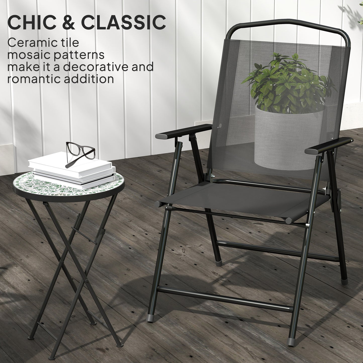 Mosaic Outdoor Garden Table, 35.5cm Round Folding Coffee Table with Metal Frame for Balcony Terrace, Green