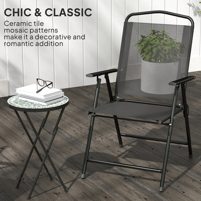 Mosaic Outdoor Garden Table, 35.5cm Round Folding Coffee Table with Metal Frame for Balcony Terrace, Green