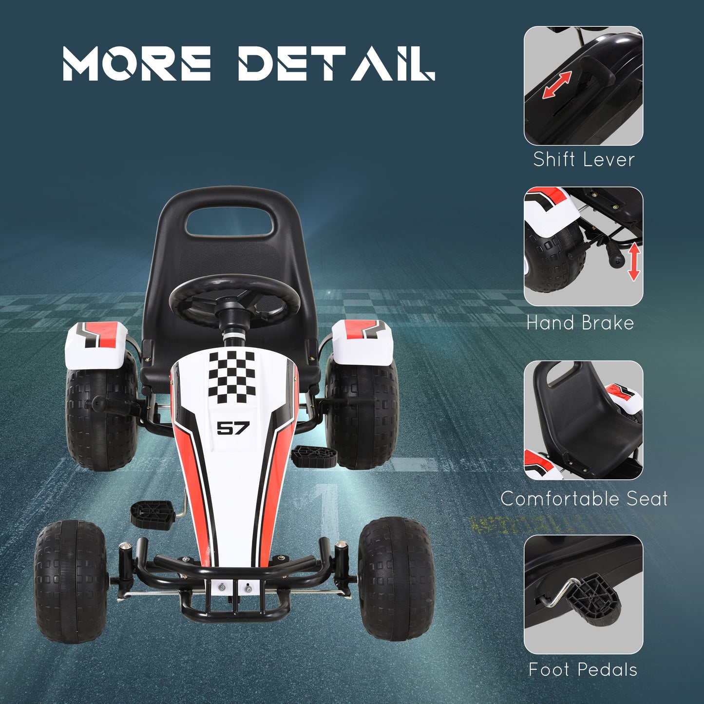 Kids Children Pedal Go Kart Manual Ride On Car w/ Brake Gears Steering Wheel Adjustable Seat 4 Smooth Wheels Racing-Style Whi