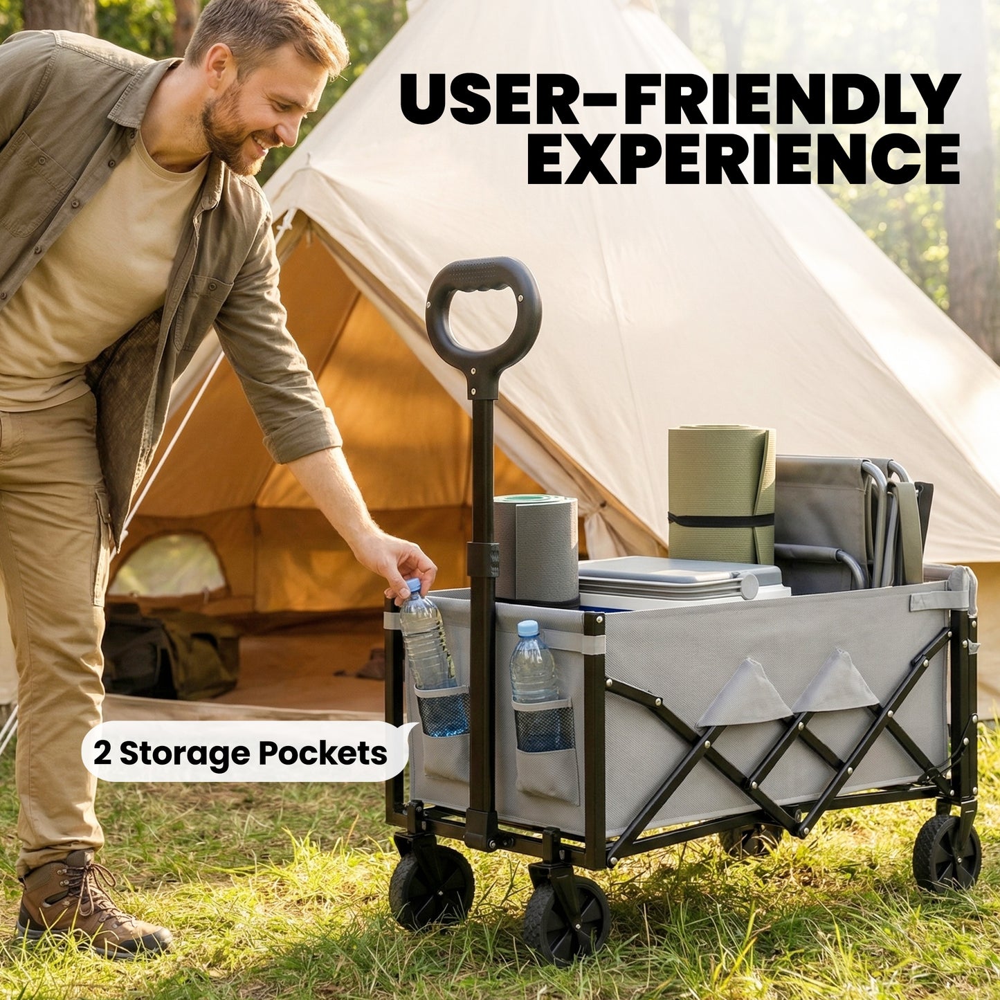 60L Foldable Festival Trolley on Wheels, Collapsible Wagon Cart with Drop-Down Tailgate, Adjustable Handle, Grey