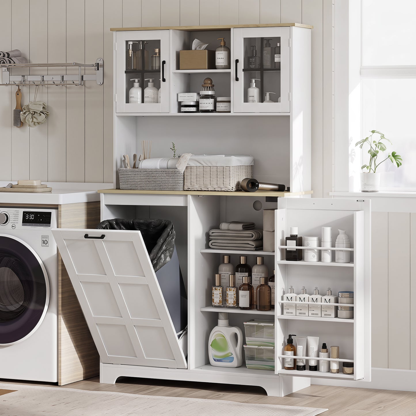 175cm Tall Kitchen Cabinet, Kitchen Cupboard with Rubbish Bin Cabinet, 3 Door Shelves and 2 Acrylic Doors, White