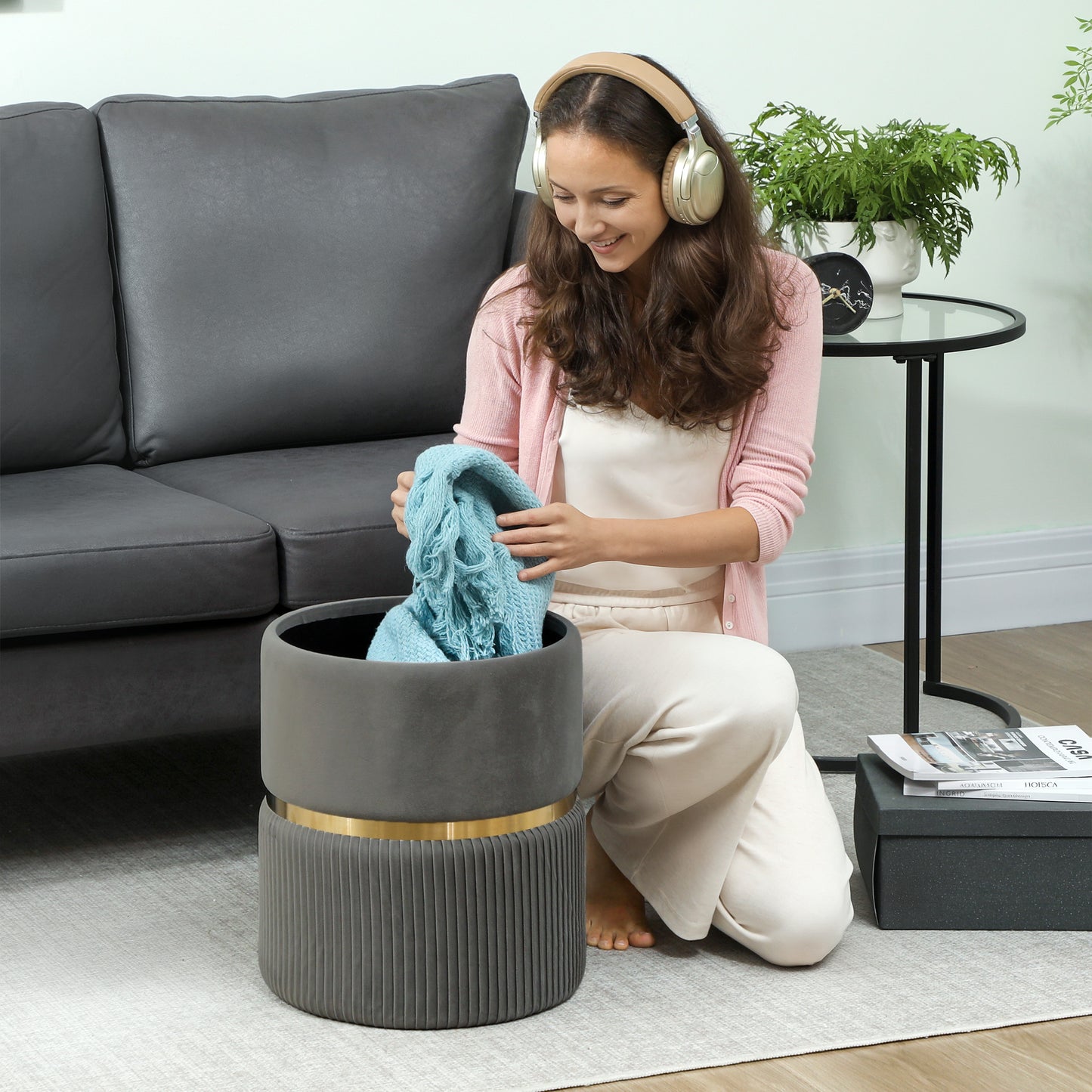 Velvet-Feel Storage Ottoman - Grey