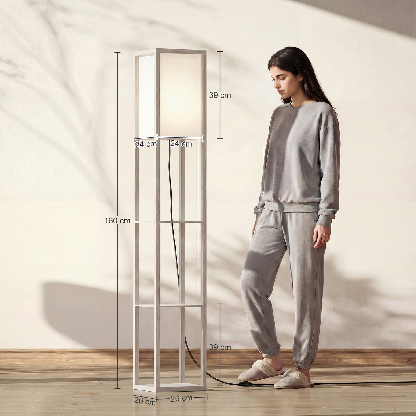 3-Tier Floor Lamp with Shelves and Storage, Modern Corner Standing Lamp with Lampshade, Foot Switch for Living Room, Bedroom