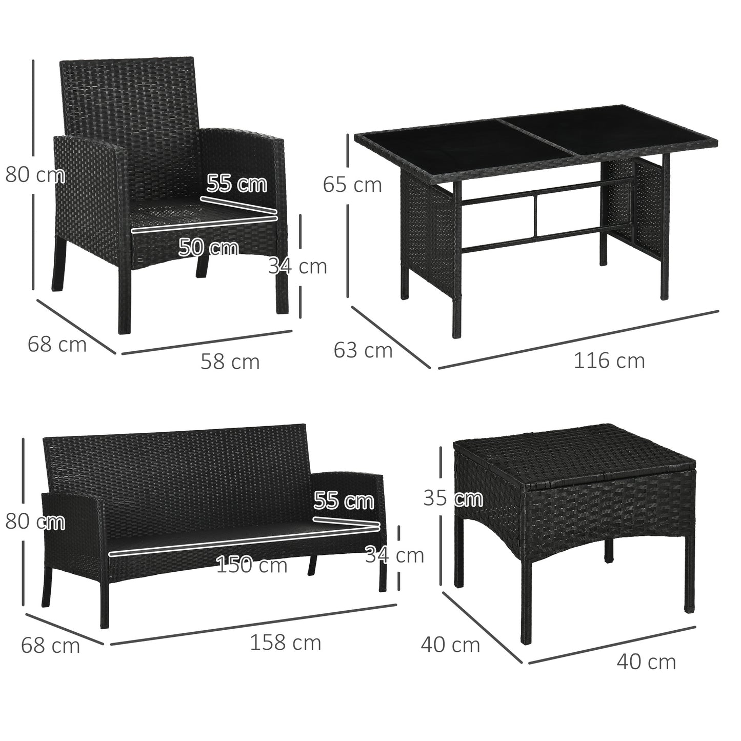 7 Seater Rattan Garden Furniture Set, 6 Piece Garden Dining Set, Armchairs, 3-Seater Sofa, Footstools, Glass Dining Table