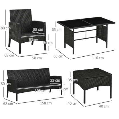 7 Seater Rattan Garden Furniture Set, 6 Piece Garden Dining Set, Armchairs, 3-Seater Sofa, Footstools, Glass Dining Table