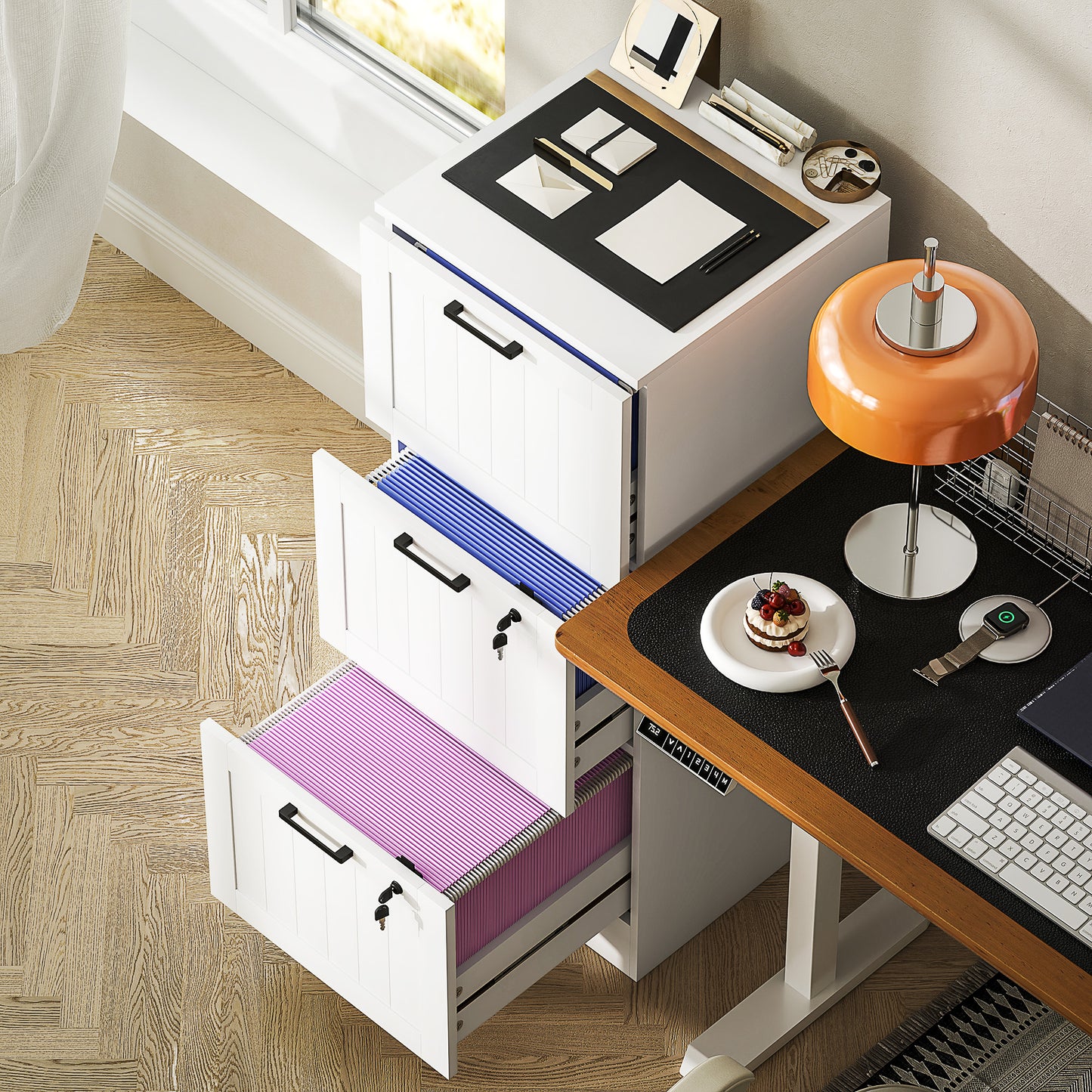 3 Drawer Filing Cabinet with Lock, Office Storage Cabinet with Adjustable Hanging Bars for A4 Letter Size Files, White