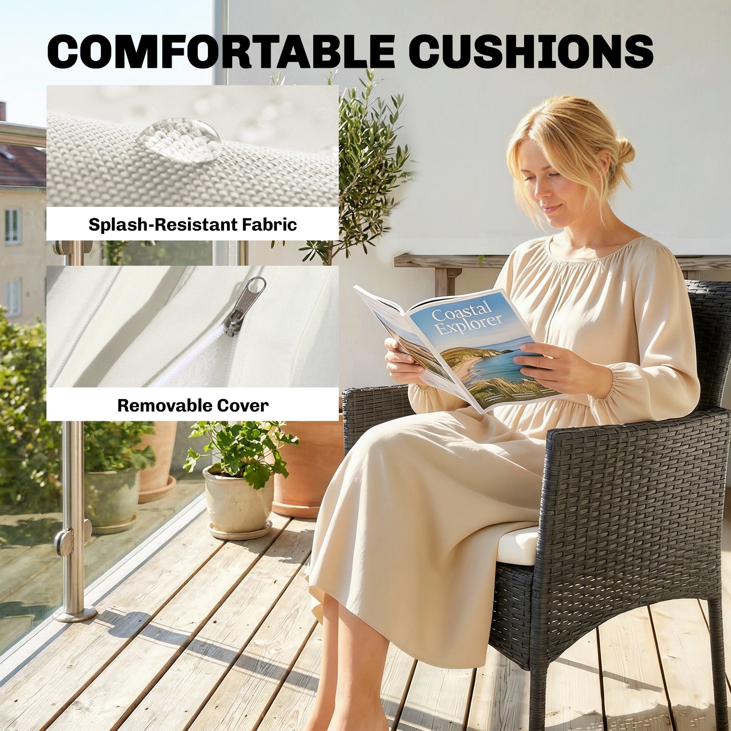 3 Piece Rattan Bistro Set, PE Wicker Garden Furniture Conversation Set with 2 Tier Glass-Top Table, Chairs, Cream White