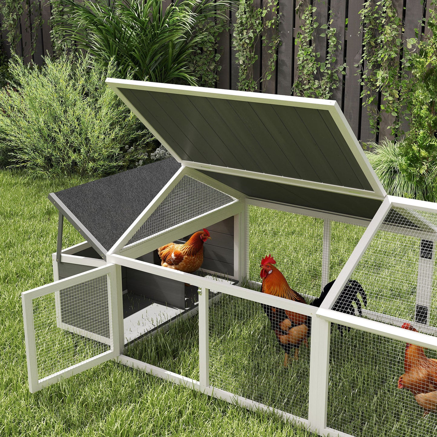 Wooden Chicken Coop with Nesting Box, Openable Roof, for 4-8 Chickens, White