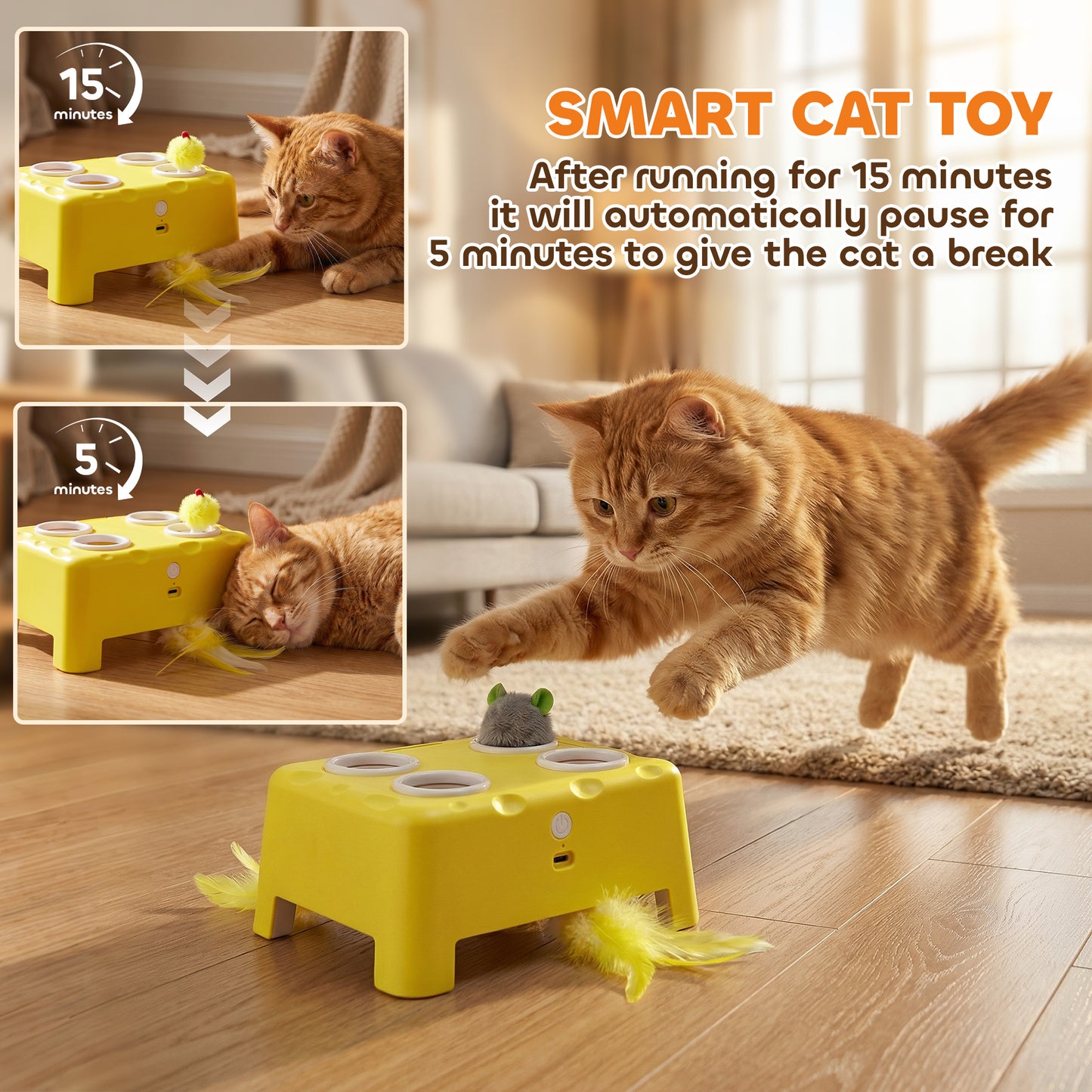 3 in 1 Interactive Cat Toys with Mouse & Feather Teaser Toy Rechargeable Automatic for Indoor Kittens & Adult Cats