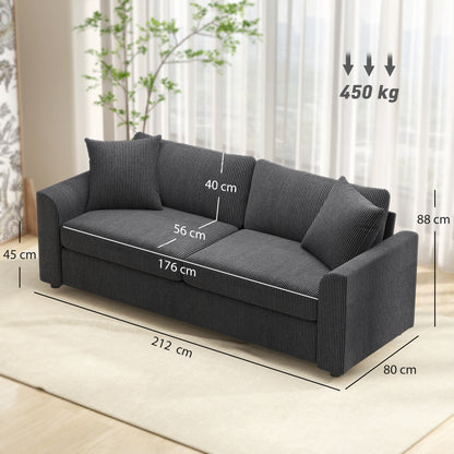 3 Seater Sofa, 212cm Corduroy Couch with Spring Cushion, Wide and Deep Seat, Plush Backrest, 2 Pillows
