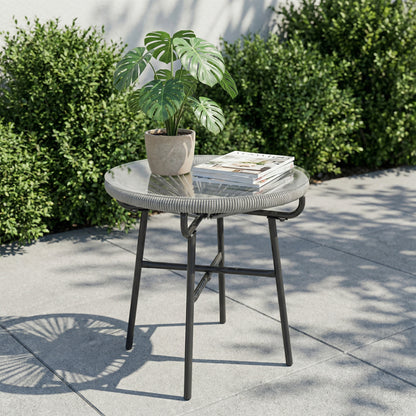 Rattan Side Table, Round Outdoor Coffee Table, with Round PE Rattan and Tempered Glass Tabletop, Light Grey