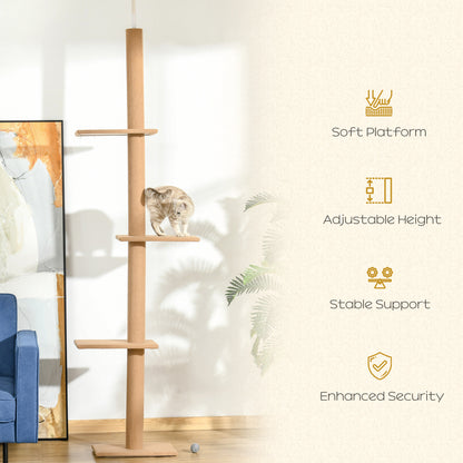 260cm Floor To Ceiling Cat Tree for Indoor Cats w/ Three Platforms Activity Centre - Brown