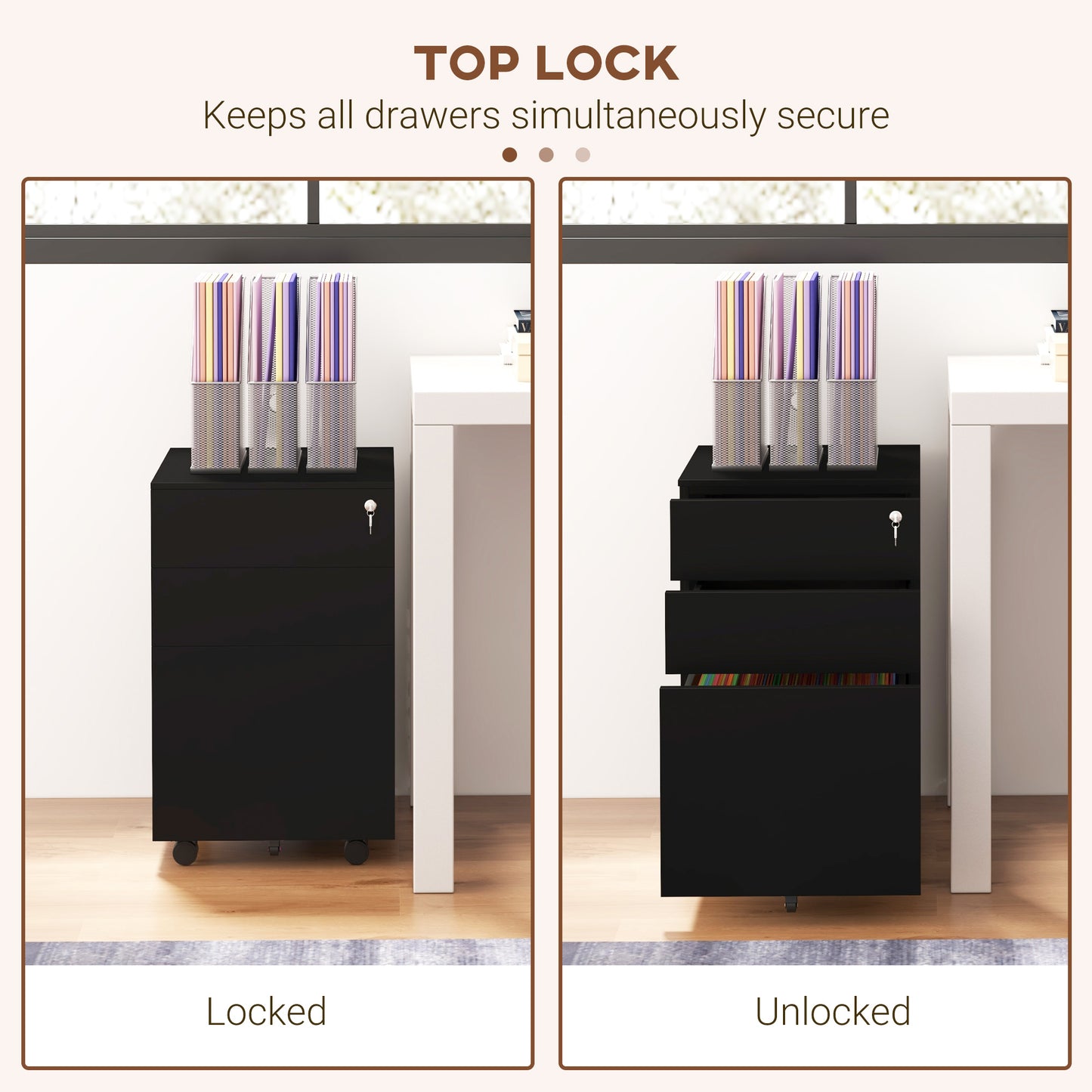 3-Drawer Vertical Filing Cabinet with Pencil Tray, Lock and 5 Wheels, Steel Mobile File Cabinet, for A4