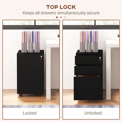 3-Drawer Vertical Filing Cabinet with Pencil Tray, Lock and 5 Wheels, Steel Mobile File Cabinet, for A4
