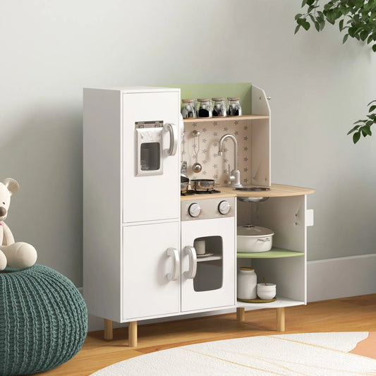 Natural Style Kitchen Playset with Toy Wall Phone, Utensils and Ice Maker