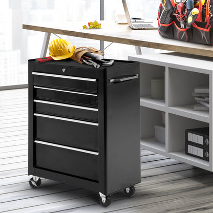 5-Drawer Tool Box on Wheels, Lockable Tool Storage Cabinet with EVA Pat, Black