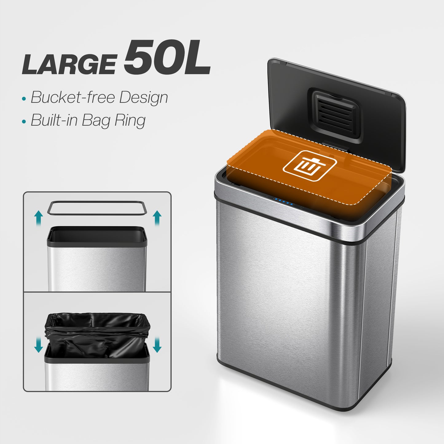 50 L Sensor Can, Sensor Bin with Soft-Close Lid, Fingerprint-Proof Stainless Steel, Silver Tone
