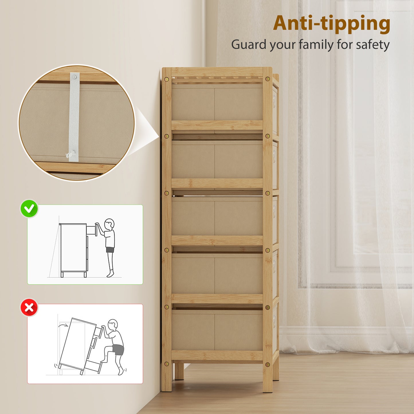 Chest of Drawers, 5 Fabric Drawers Narrow Dresser with Bamboo Frame, Cream White