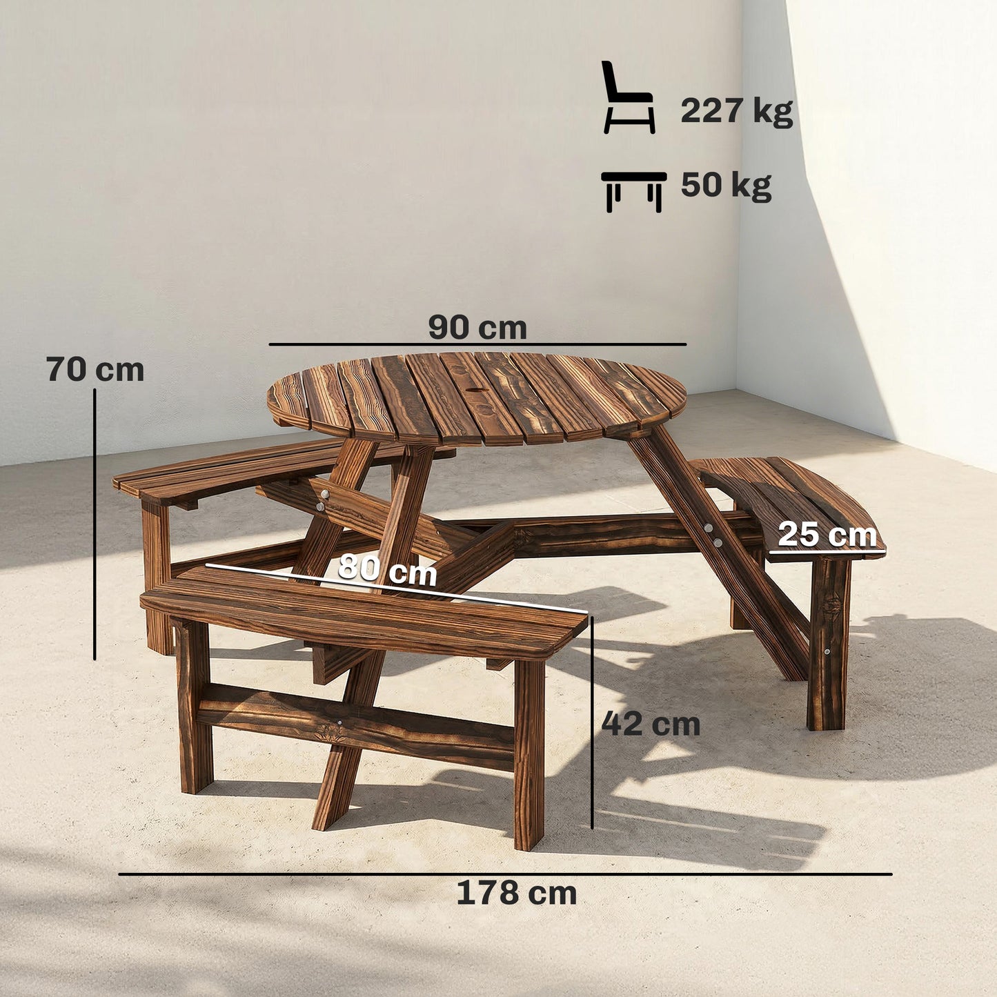Wooden Garden Dining Set, 6 Seater Round Dining Picnic Table with Matching Bench