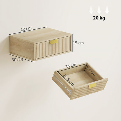 Modern Floating Nightstands Set of 2, Wall Mounted Bedside Tables with Wave Drawer Oak