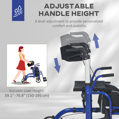 2 in 1 Wheelchair Transport Chair & Folding Rollator Walker with Seat, Backrest, Footrest, Lightweight Walking Frame