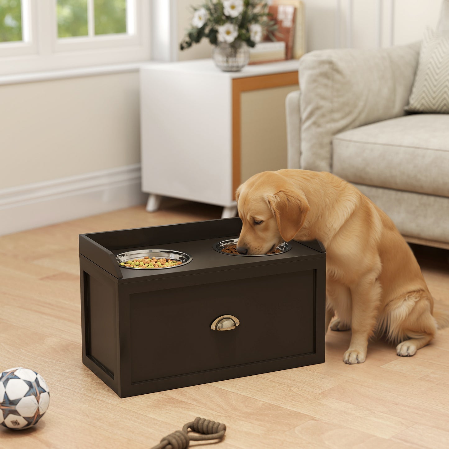 Stainless Steel Raised Dog Bowls, with 21L Storage Drawer for Large Dogs - Brown