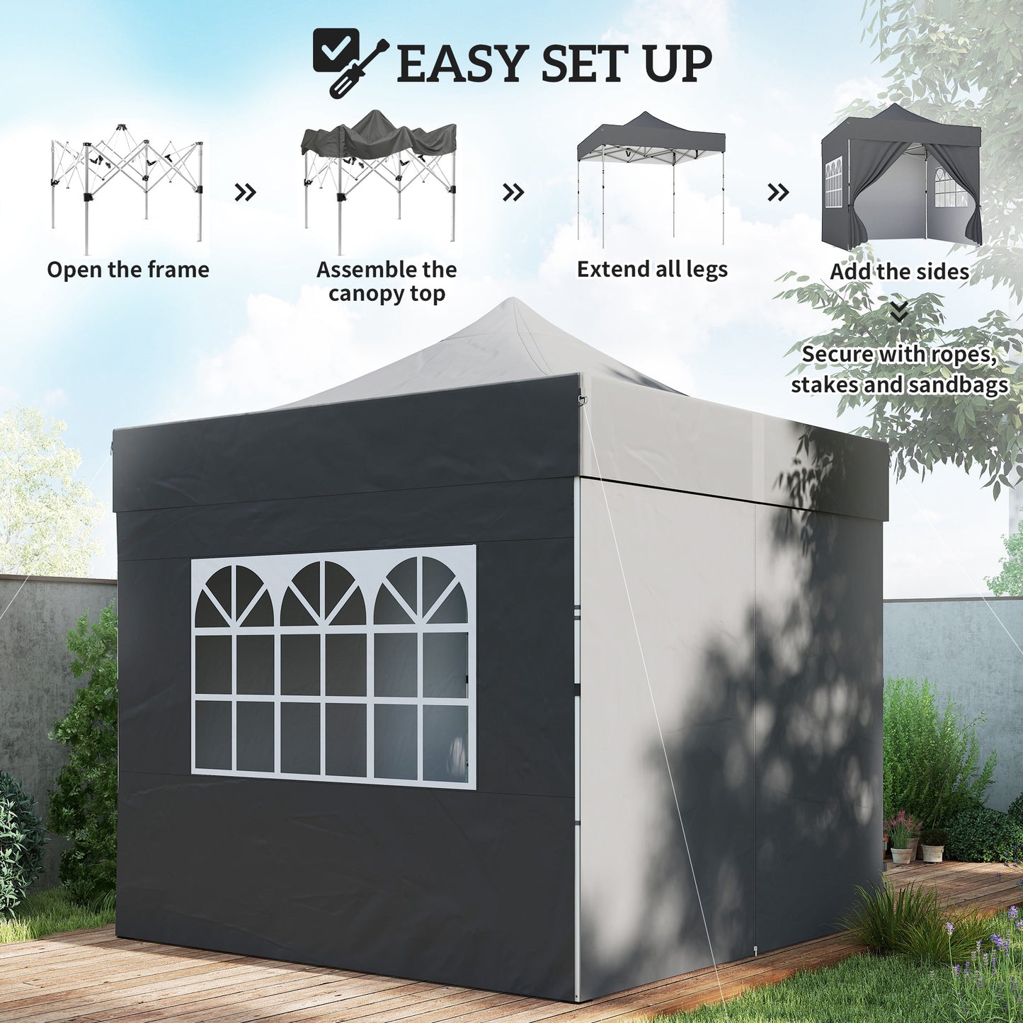 3 x 3 m Pop Up Gazebo with Sidewalls, UPF50+ Heavy Duty Garden Party Tent Marquee with Wheeled Carry Bag, Dark Grey
