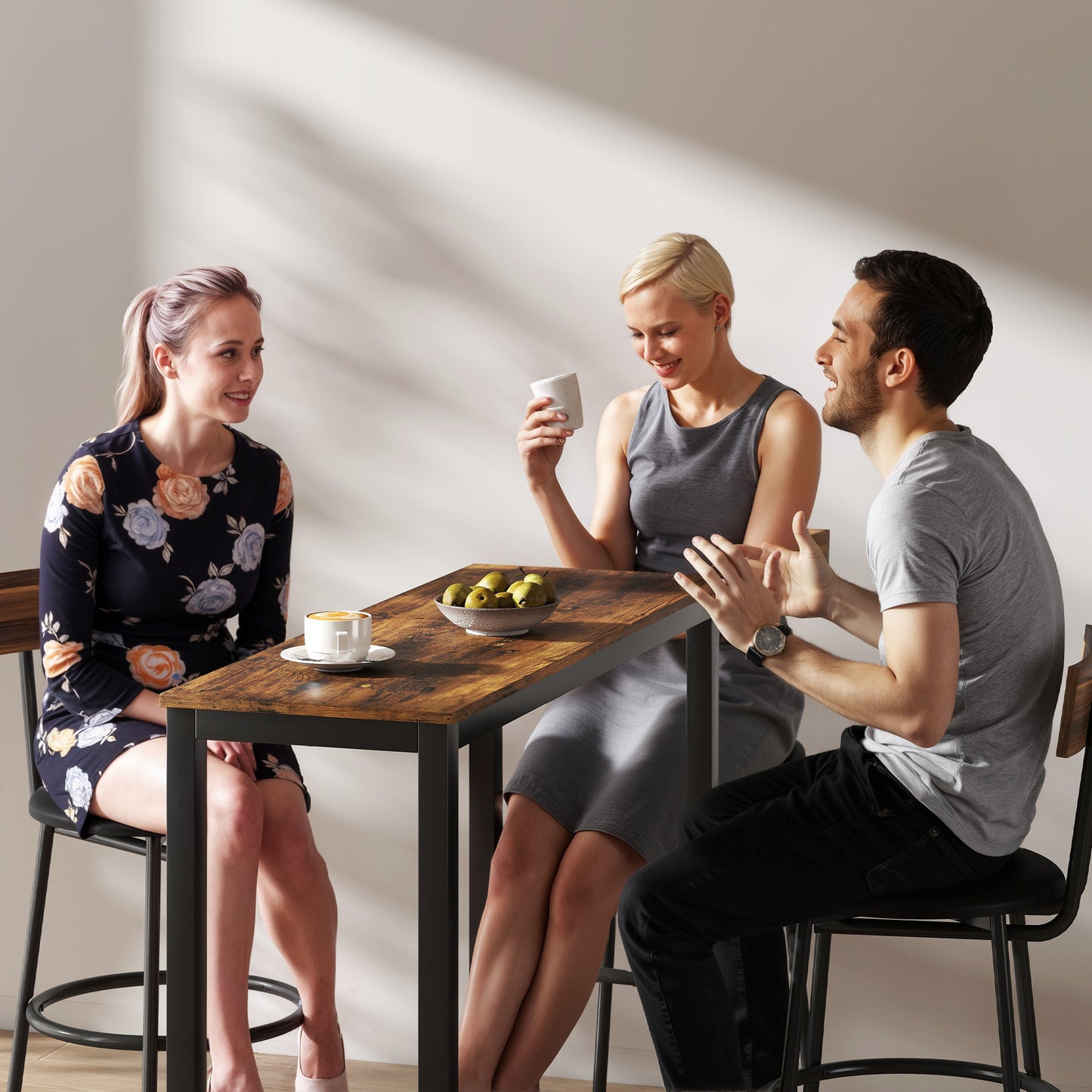 Rectangular Bar Table, Wood Effect Pub Coffee Table for Small Space, Breakfast Dining, Kitchen, Industrial, Rustic Brown
