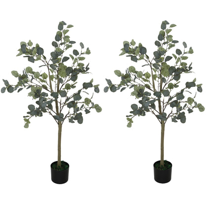 Set of 2 Decorative Artificial Tree, 4ft/ 120cm Silk Eucalyptus Trees with 230 Silver Dollar Leaves in Pot