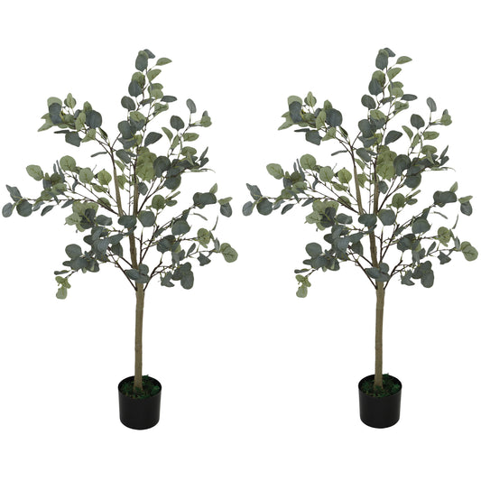 Set of 2 Decorative Artificial Tree, 4ft/ 120cm Silk Eucalyptus Trees with 230 Silver Dollar Leaves in Pot
