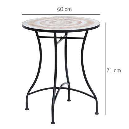 60 cm Mosaic Garden Table, Small Round Outdoor Side Table with Ceramic Top, Plant Stand for Patio, Balcony, Orange and White