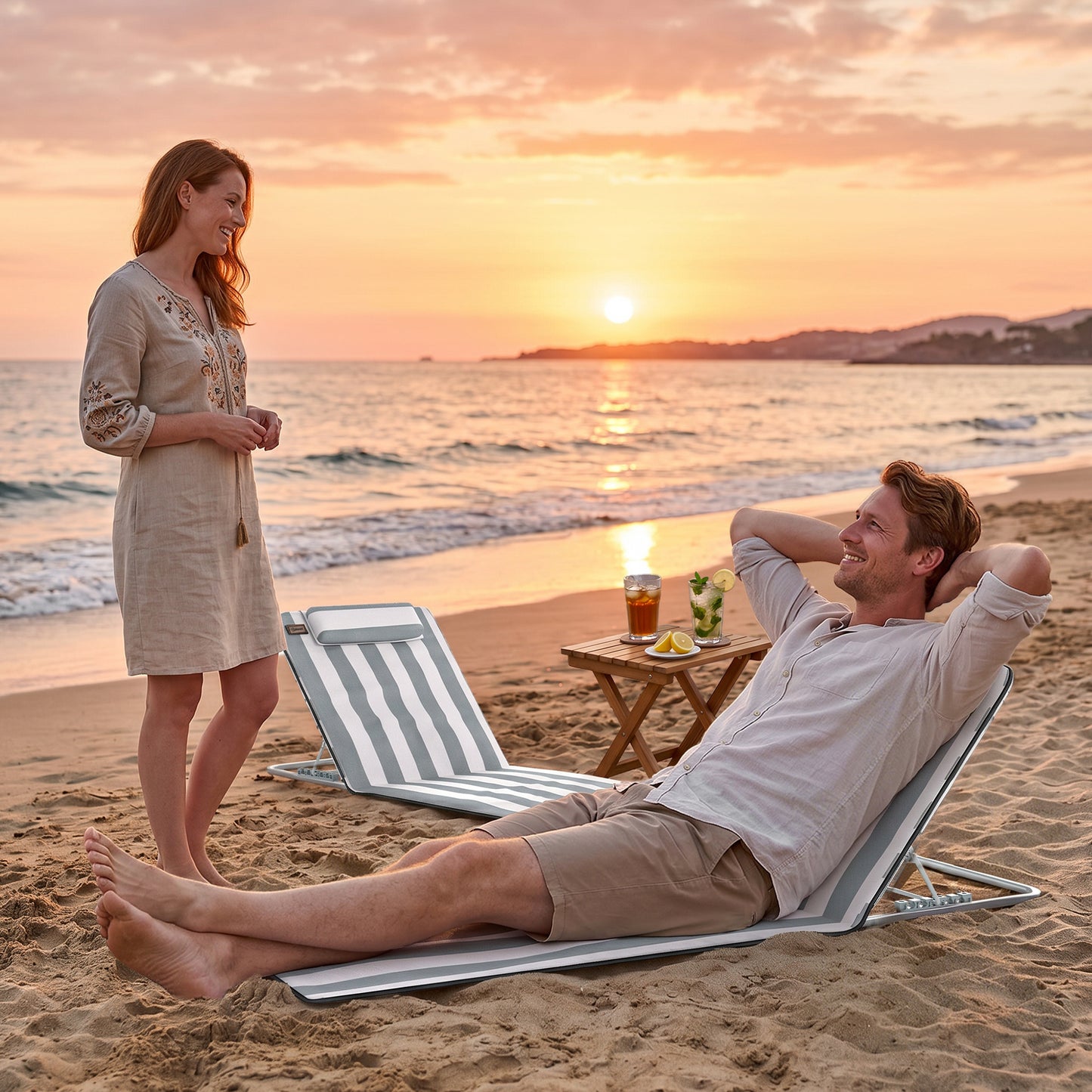 Set of 2 Foldable Garden Beach Chair Mat Lightweight Outdoor Sun Lounger Seats Adjustable Back Metal Frame PE Fabric Head Pil