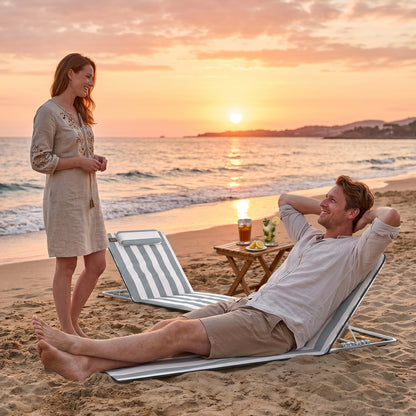 Set of 2 Foldable Garden Beach Chair Mat Lightweight Outdoor Sun Lounger Seats Adjustable Back Metal Frame PE Fabric Head Pil