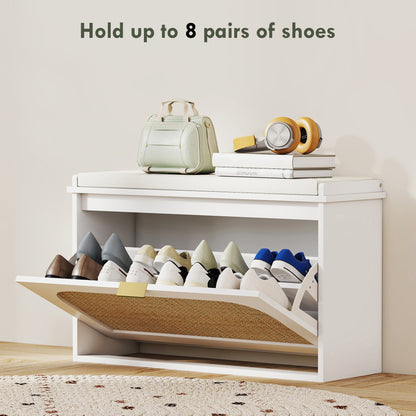 Boho Shoe Bench with Padded Seat and Flip-Drawer - White