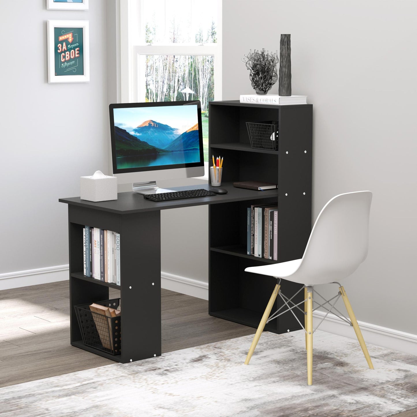 120cm Computer Desk, Wooden PC Laptop Table with 6-Tier Storage Bookshelves, Home Office Working Study Desk