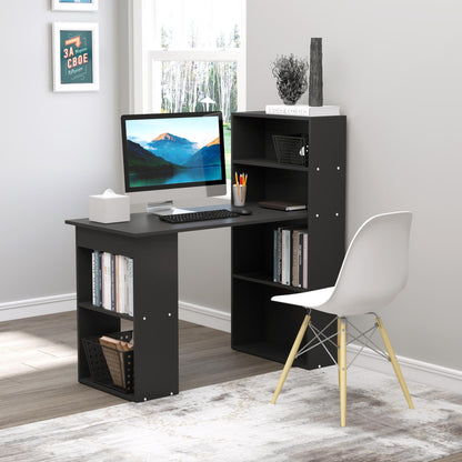 120cm Computer Desk, Wooden PC Laptop Table with 6-Tier Storage Bookshelves, Home Office Working Study Desk
