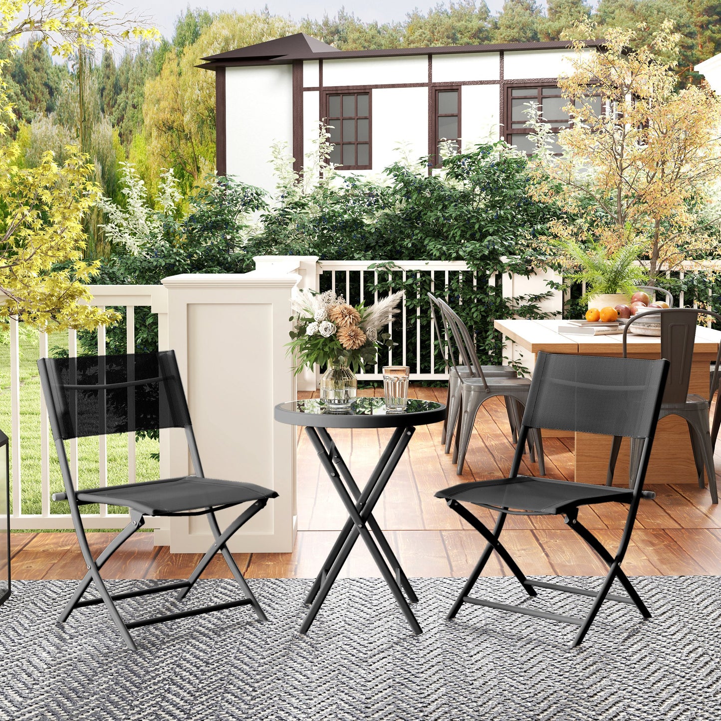 3 Pieces Outdoor Bistro Set, Glass Top Outdoor Table and 2 Folding Chairs with Protecting Feet, Black