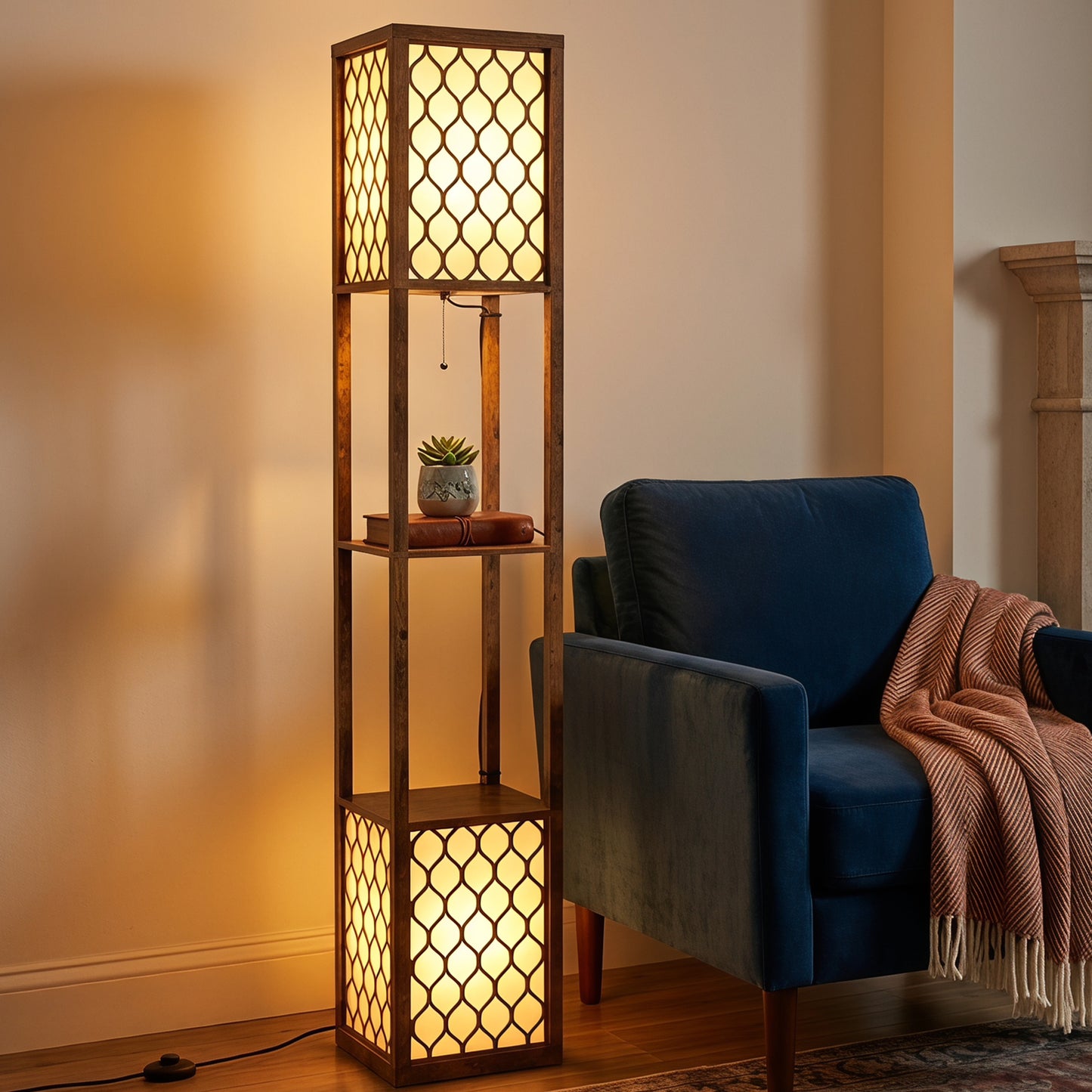 Floor Lamp with Shelves, Modern Tall Standing Lamp with Fabric Lampshades, Zipper Switch and Dual Light, Rustic Brown
