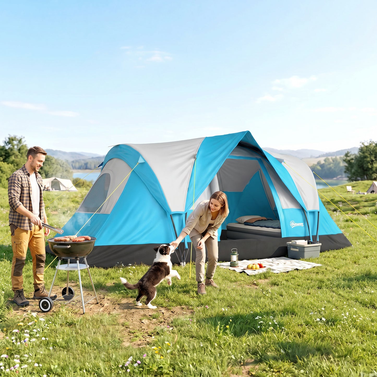5 Man Camping Tent, Large Tunnel Tent, Water Resistant Hiking Shelter with Groundsheet and Carry Bag, Light Blue